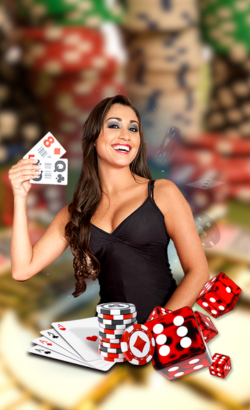 Casino dealer holding cards with chips and dice